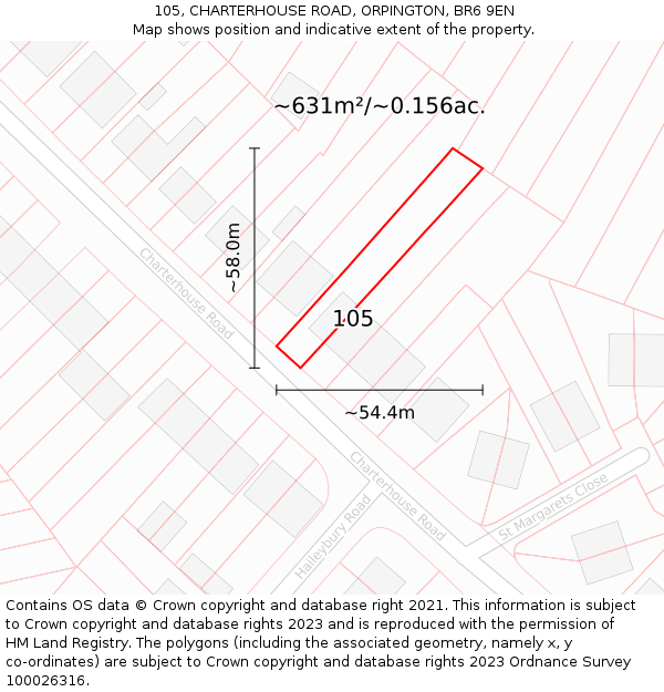 105, CHARTERHOUSE ROAD, ORPINGTON, BR6 9EN: Plot and title map