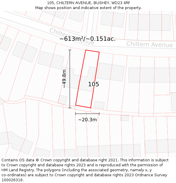 105, CHILTERN AVENUE, BUSHEY, WD23 4RF: Plot and title map