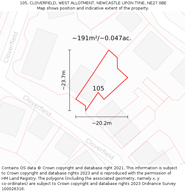 105, CLOVERFIELD, WEST ALLOTMENT, NEWCASTLE UPON TYNE, NE27 0BE: Plot and title map
