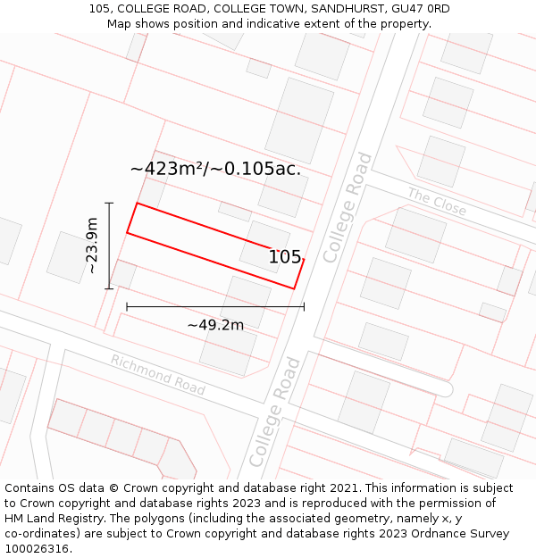 105, COLLEGE ROAD, COLLEGE TOWN, SANDHURST, GU47 0RD: Plot and title map