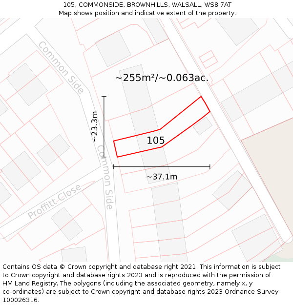 105, COMMONSIDE, BROWNHILLS, WALSALL, WS8 7AT: Plot and title map