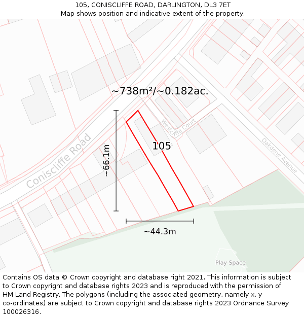 105, CONISCLIFFE ROAD, DARLINGTON, DL3 7ET: Plot and title map