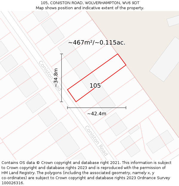 105, CONISTON ROAD, WOLVERHAMPTON, WV6 9DT: Plot and title map