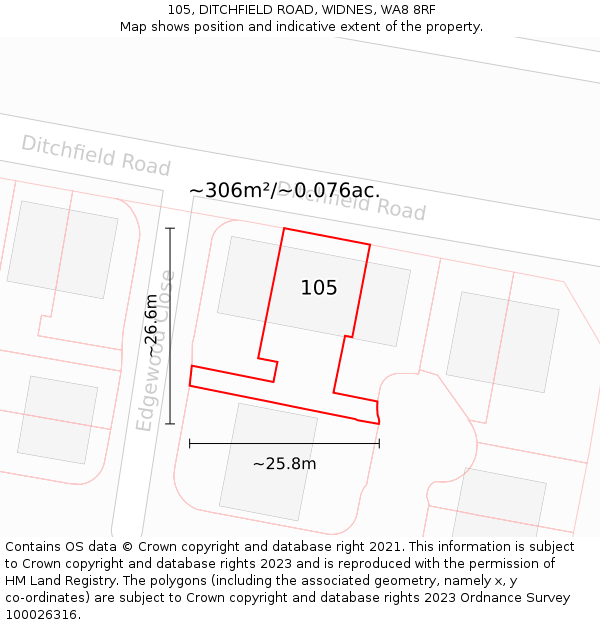 105, DITCHFIELD ROAD, WIDNES, WA8 8RF: Plot and title map