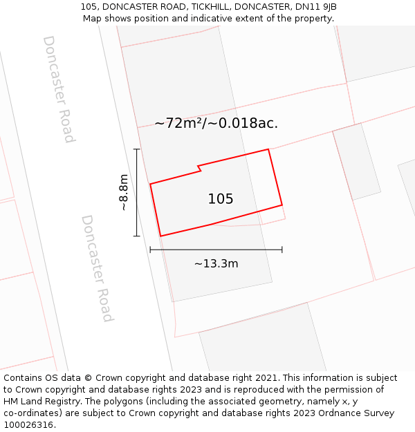 105, DONCASTER ROAD, TICKHILL, DONCASTER, DN11 9JB: Plot and title map