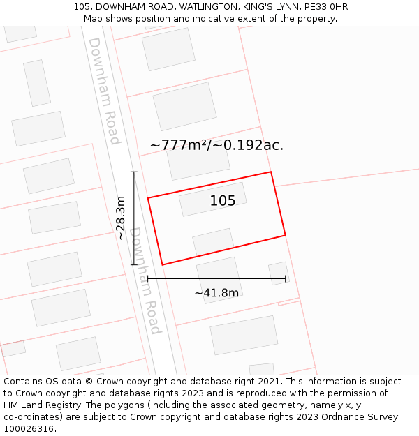 105, DOWNHAM ROAD, WATLINGTON, KING'S LYNN, PE33 0HR: Plot and title map