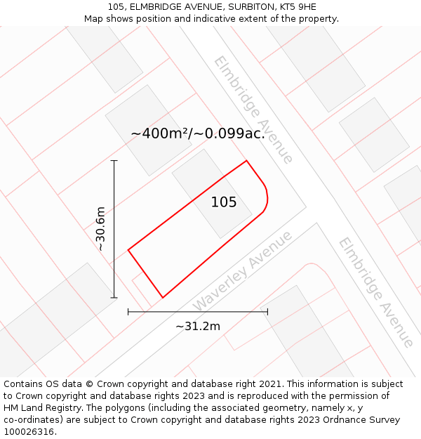105, ELMBRIDGE AVENUE, SURBITON, KT5 9HE: Plot and title map