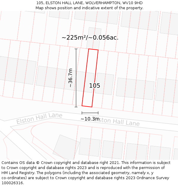 105, ELSTON HALL LANE, WOLVERHAMPTON, WV10 9HD: Plot and title map