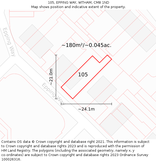 105, EPPING WAY, WITHAM, CM8 1ND: Plot and title map