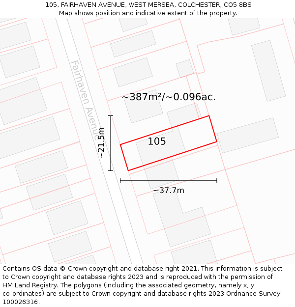 105, FAIRHAVEN AVENUE, WEST MERSEA, COLCHESTER, CO5 8BS: Plot and title map