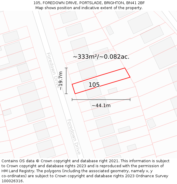 105, FOREDOWN DRIVE, PORTSLADE, BRIGHTON, BN41 2BF: Plot and title map