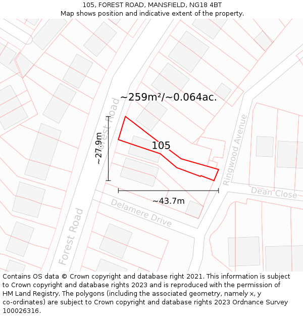105, FOREST ROAD, MANSFIELD, NG18 4BT: Plot and title map