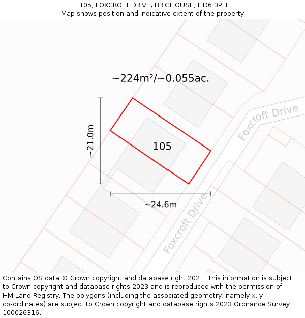 105, FOXCROFT DRIVE, BRIGHOUSE, HD6 3PH: Plot and title map