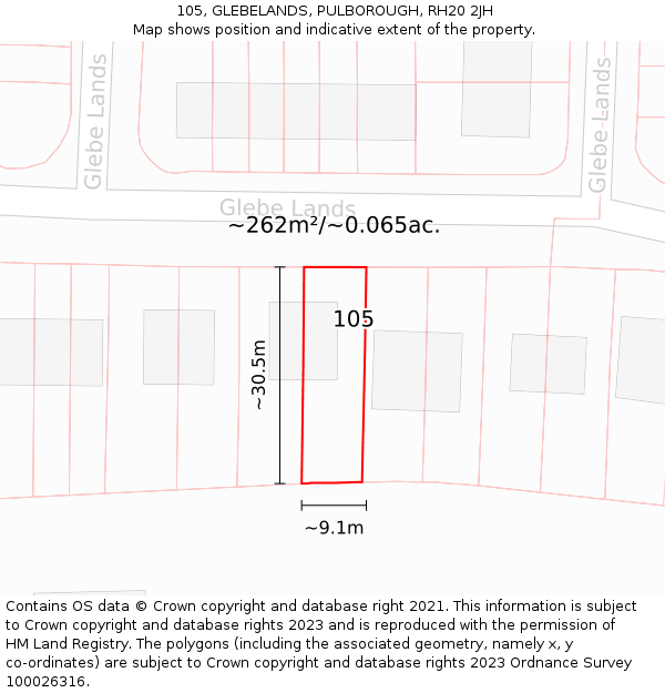 105, GLEBELANDS, PULBOROUGH, RH20 2JH: Plot and title map