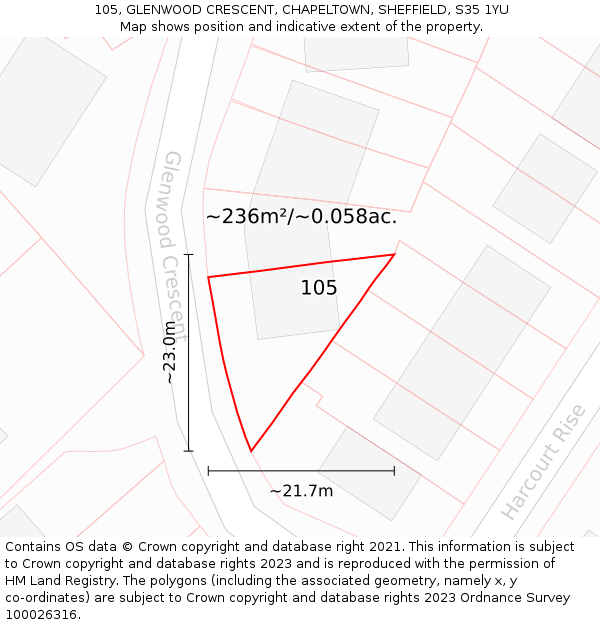 105, GLENWOOD CRESCENT, CHAPELTOWN, SHEFFIELD, S35 1YU: Plot and title map