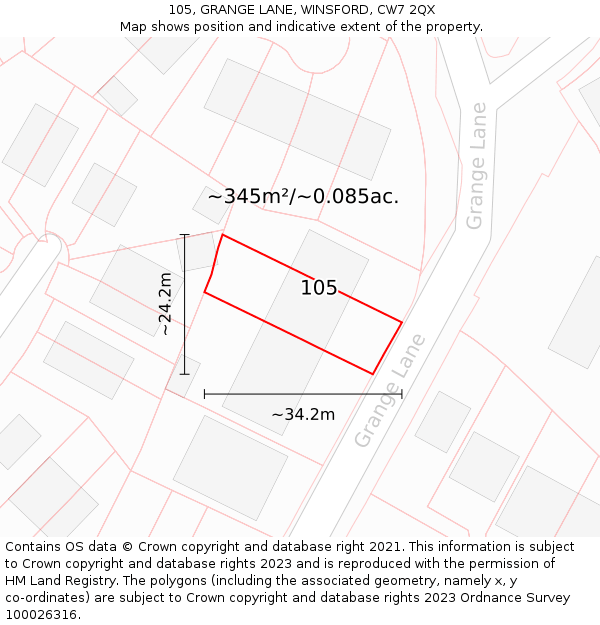 105, GRANGE LANE, WINSFORD, CW7 2QX: Plot and title map