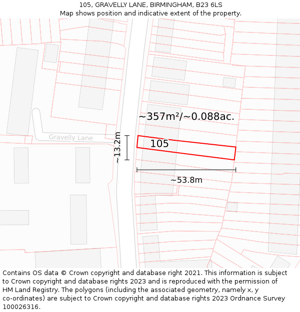 105, GRAVELLY LANE, BIRMINGHAM, B23 6LS: Plot and title map