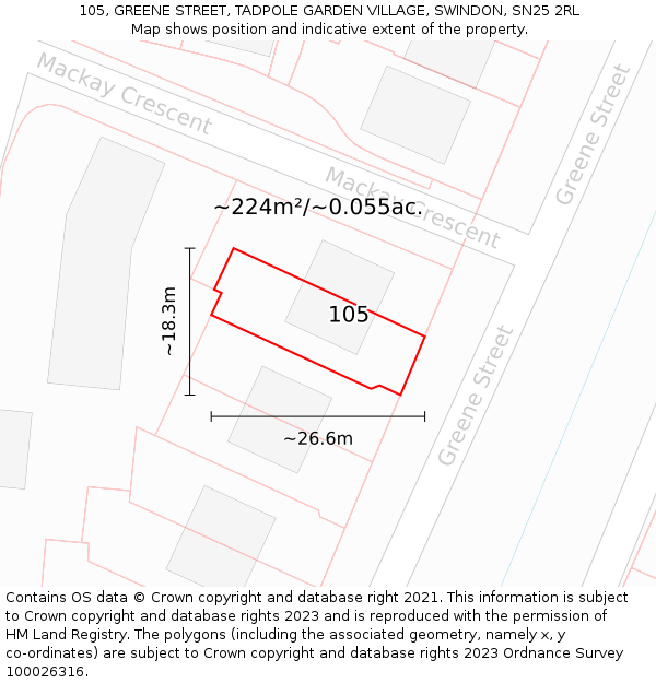 105, GREENE STREET, TADPOLE GARDEN VILLAGE, SWINDON, SN25 2RL: Plot and title map