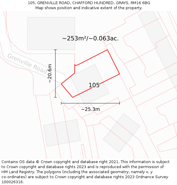105, GRENVILLE ROAD, CHAFFORD HUNDRED, GRAYS, RM16 6BG: Plot and title map