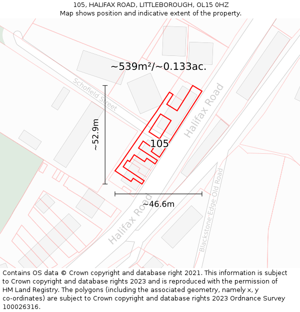 105, HALIFAX ROAD, LITTLEBOROUGH, OL15 0HZ: Plot and title map