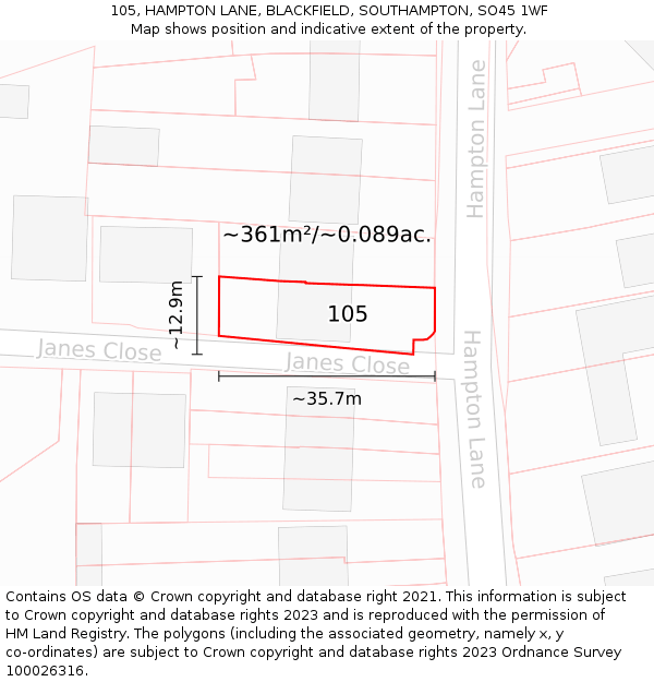 105, HAMPTON LANE, BLACKFIELD, SOUTHAMPTON, SO45 1WF: Plot and title map