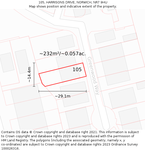 105, HARRISONS DRIVE, NORWICH, NR7 9HU: Plot and title map