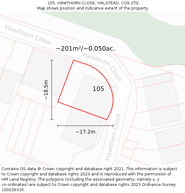 105, HAWTHORN CLOSE, HALSTEAD, CO9 2TQ: Plot and title map