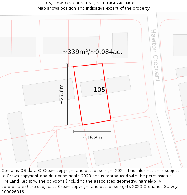 105, HAWTON CRESCENT, NOTTINGHAM, NG8 1DD: Plot and title map