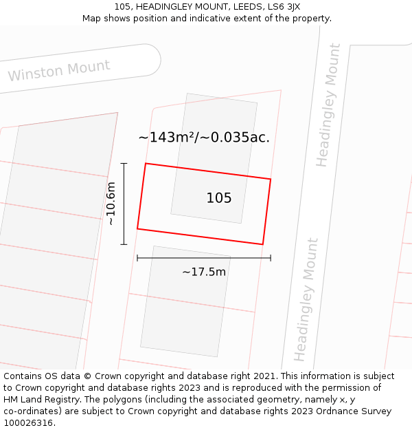 105, HEADINGLEY MOUNT, LEEDS, LS6 3JX: Plot and title map