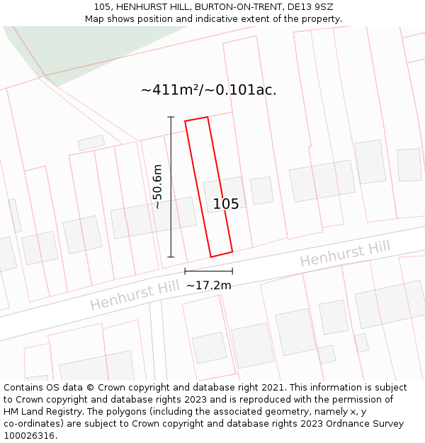 105, HENHURST HILL, BURTON-ON-TRENT, DE13 9SZ: Plot and title map
