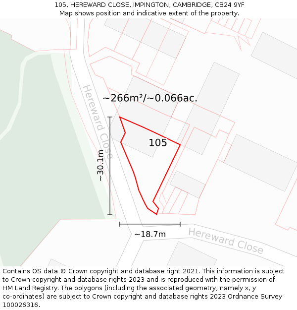 105, HEREWARD CLOSE, IMPINGTON, CAMBRIDGE, CB24 9YF: Plot and title map