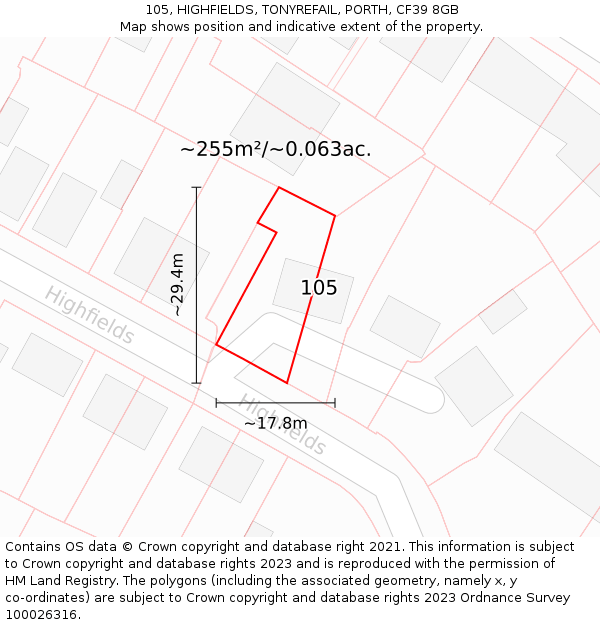 105, HIGHFIELDS, TONYREFAIL, PORTH, CF39 8GB: Plot and title map