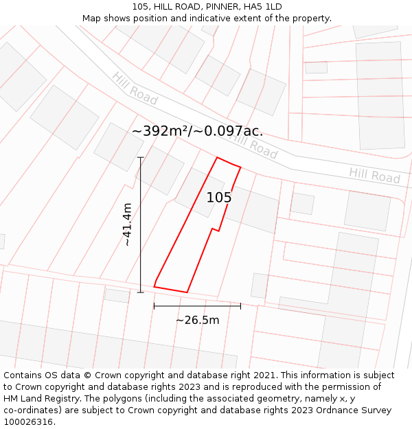 105, HILL ROAD, PINNER, HA5 1LD: Plot and title map