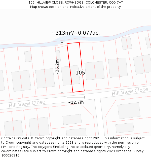105, HILLVIEW CLOSE, ROWHEDGE, COLCHESTER, CO5 7HT: Plot and title map