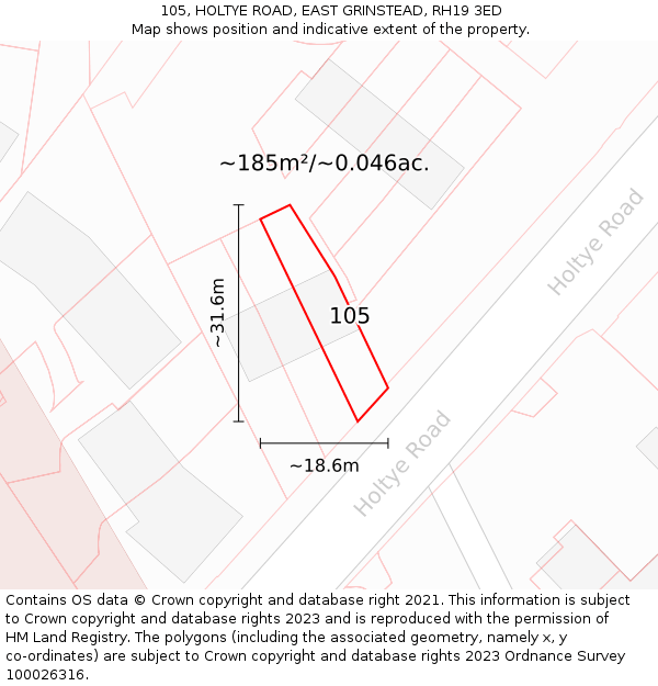 105, HOLTYE ROAD, EAST GRINSTEAD, RH19 3ED: Plot and title map