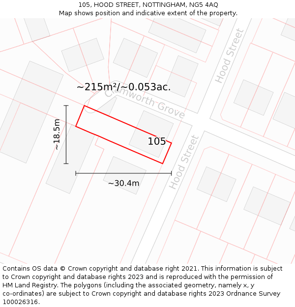 105, HOOD STREET, NOTTINGHAM, NG5 4AQ: Plot and title map