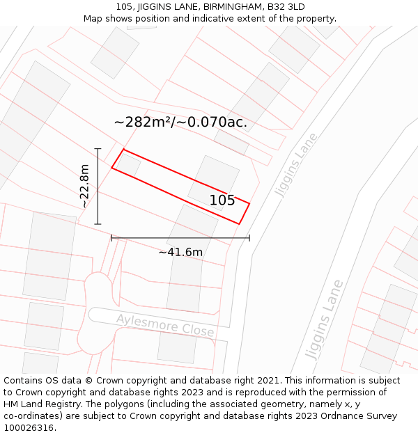 105, JIGGINS LANE, BIRMINGHAM, B32 3LD: Plot and title map