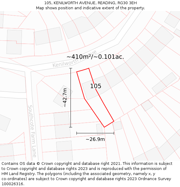 105, KENILWORTH AVENUE, READING, RG30 3EH: Plot and title map
