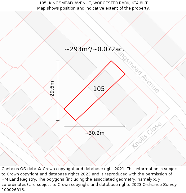 105, KINGSMEAD AVENUE, WORCESTER PARK, KT4 8UT: Plot and title map