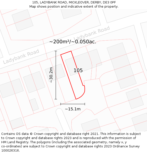 105, LADYBANK ROAD, MICKLEOVER, DERBY, DE3 0PF: Plot and title map