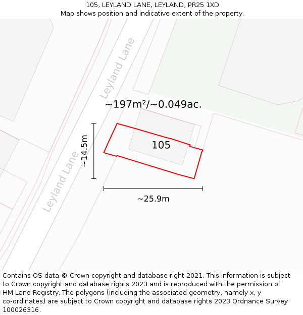 105, LEYLAND LANE, LEYLAND, PR25 1XD: Plot and title map