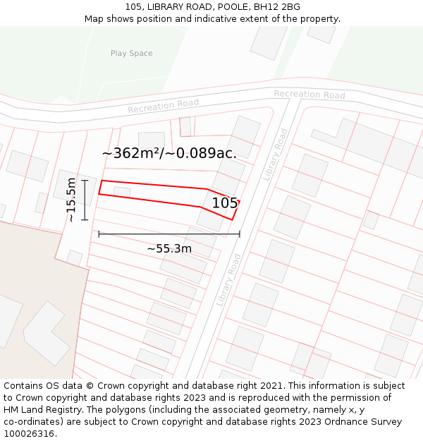 105, LIBRARY ROAD, POOLE, BH12 2BG: Plot and title map