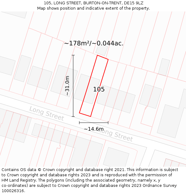 105, LONG STREET, BURTON-ON-TRENT, DE15 9LZ: Plot and title map
