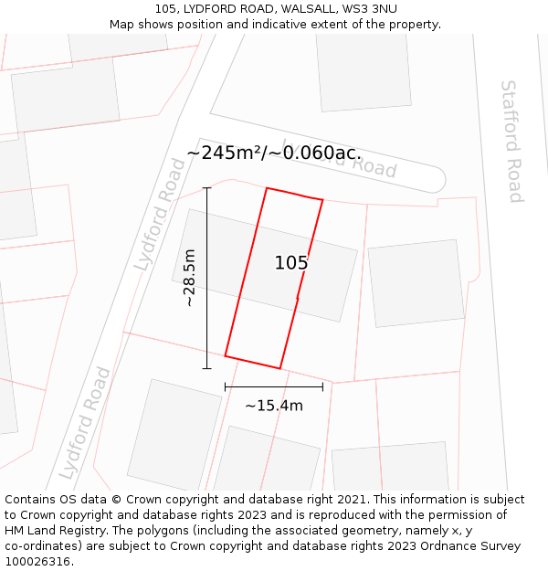 105, LYDFORD ROAD, WALSALL, WS3 3NU: Plot and title map
