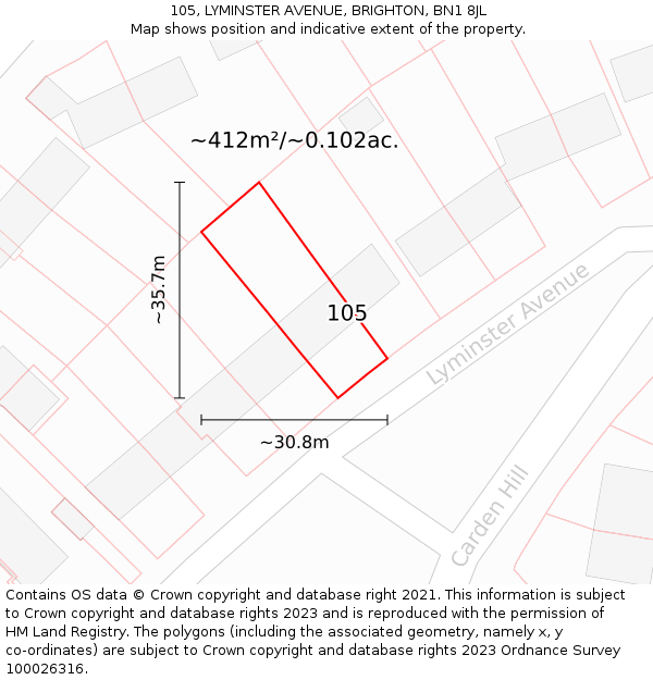 105, LYMINSTER AVENUE, BRIGHTON, BN1 8JL: Plot and title map