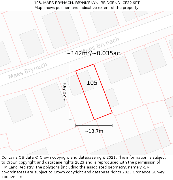 105, MAES BRYNACH, BRYNMENYN, BRIDGEND, CF32 9PT: Plot and title map
