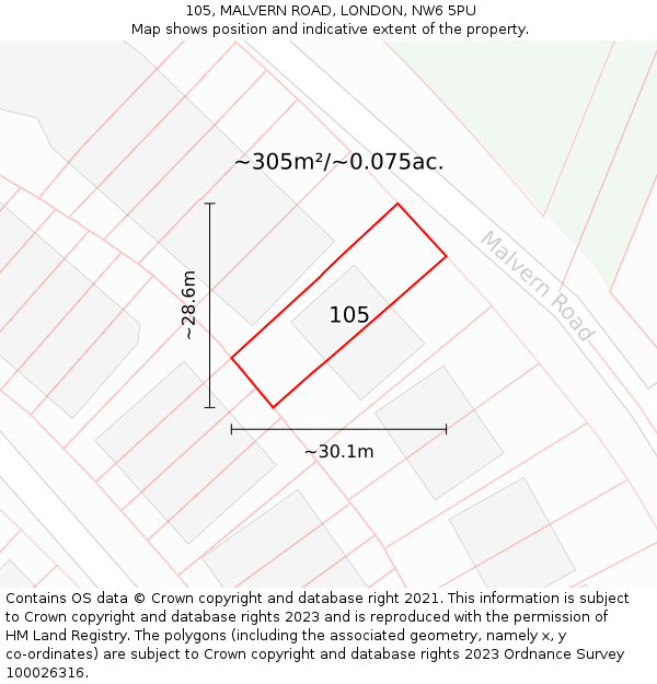 105, MALVERN ROAD, LONDON, NW6 5PU: Plot and title map