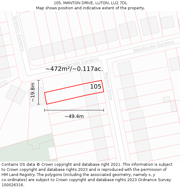 105, MANTON DRIVE, LUTON, LU2 7DL: Plot and title map