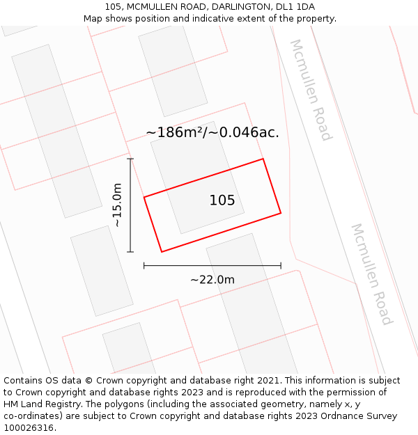 105, MCMULLEN ROAD, DARLINGTON, DL1 1DA: Plot and title map
