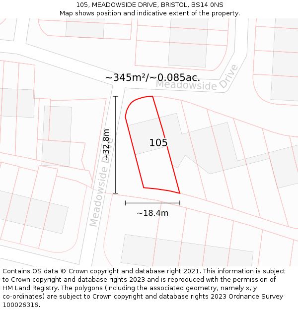 105, MEADOWSIDE DRIVE, BRISTOL, BS14 0NS: Plot and title map